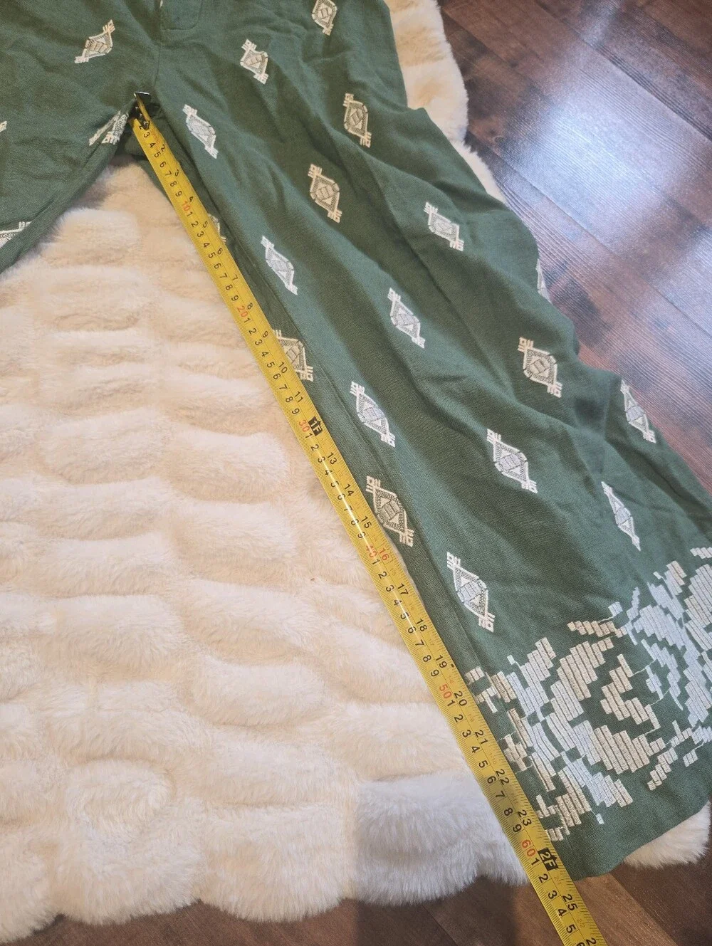 Zara Linen Green Embroidered Wide-Leg Resort [Medium] Pants Beach Tropical